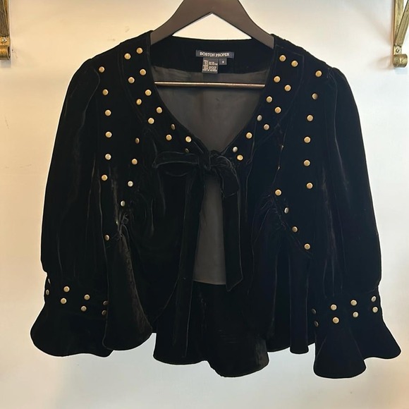 Boston Proper black velvet bolero jacket brass studs